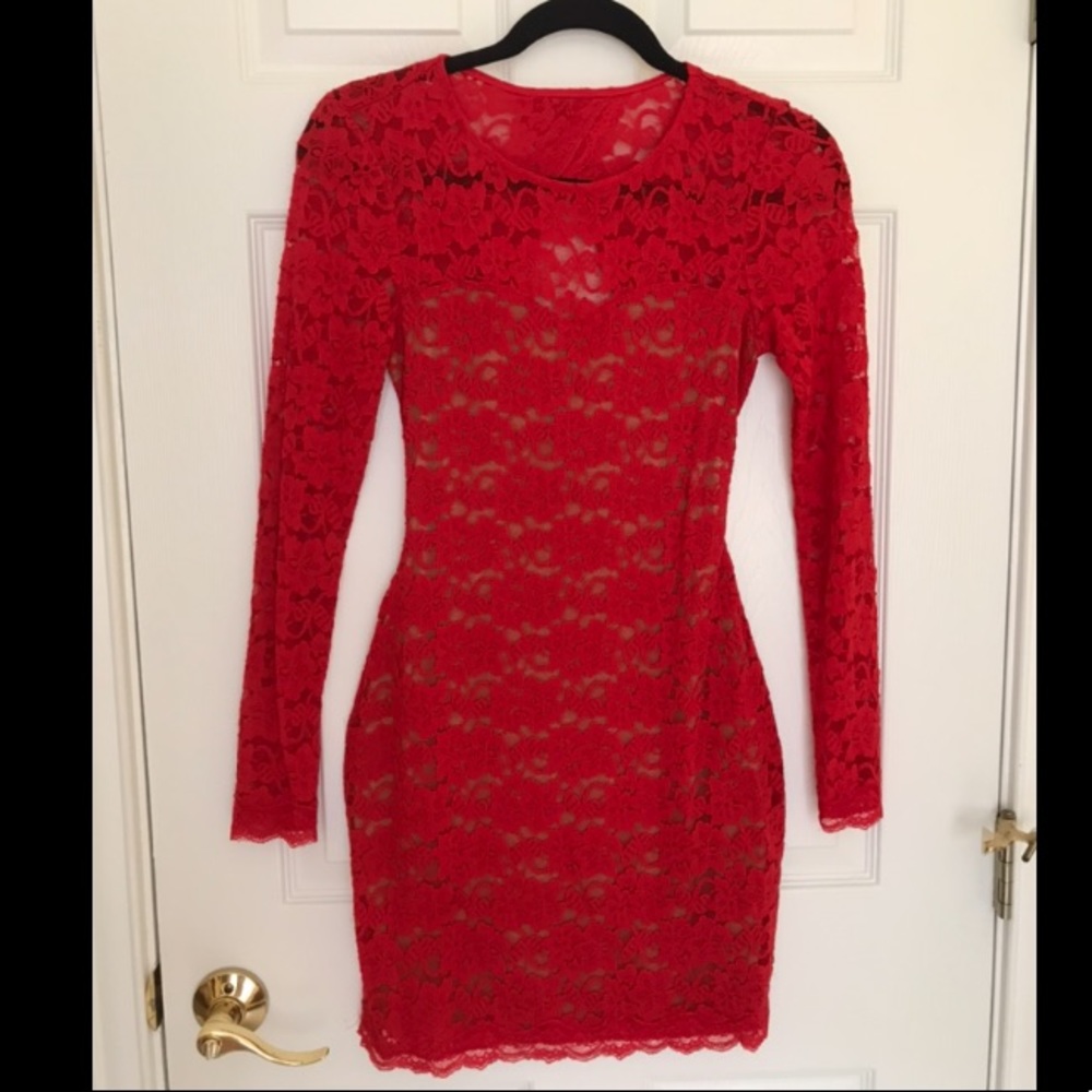 Express Red, Lace, Bodycon, Long Sleeve Dress